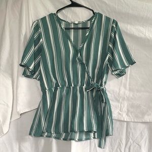Green and White Faux Wrap Top